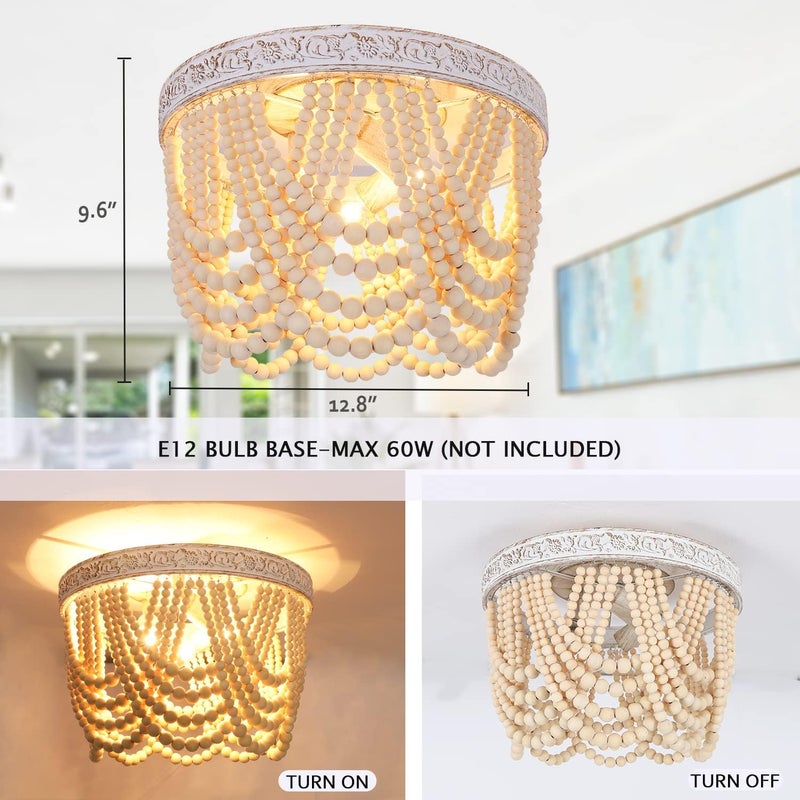 Capslpad Bohemia Wood Beaded Flush Mount Ceiling Light Antique Boho Mini Chandelier Farmhouse Light Fixture for Bedroom Nursery Room Hallway Entryway Foyer,3-Light - Image 2